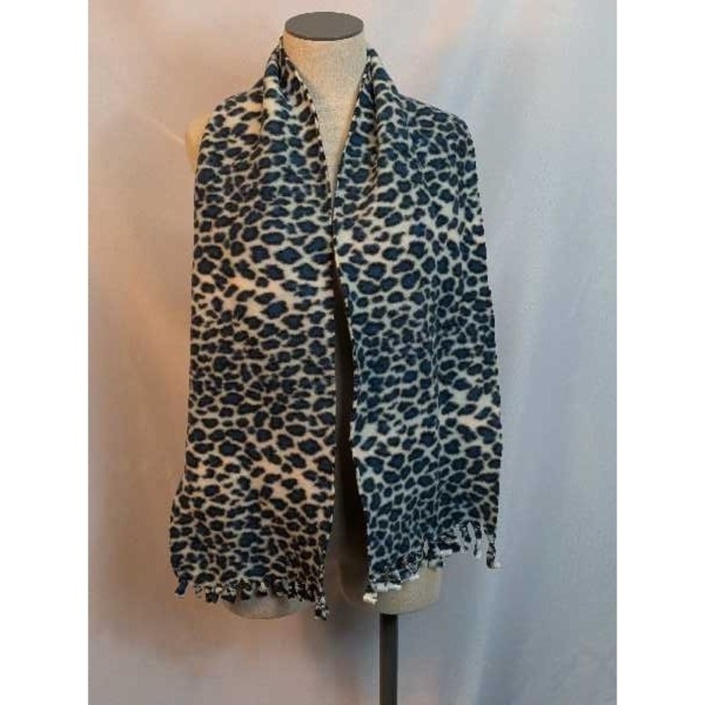Leopard Print Fleece Scarf Fringe Blue Tan Animal Print Winter Fashion